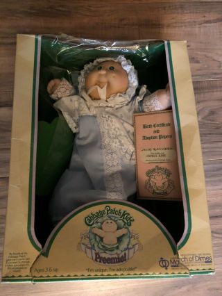 Vintage 1983 Cabbage Patch Kids Preemie Baby Doll Opened/torn Box W/papers