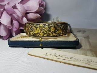 Gorgeous Vintage Damascene Toledo Bird & Flower Hinged Bangle Bracelet