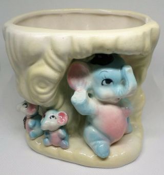 Vintage 4 " Ceramic Pottery Baby Elephant Calf Twins & Momma Flower Pot Planter