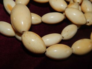 LONG ANTIQUE CHINESE OVAL CARVED BOVINE BONE BEAD NECKLACE - 102g 41 
