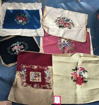 6 Vtg Handmade Hand Needlepoint Chair Seat Covers Floral 4 Finished 2 Unfinished