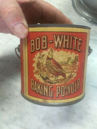 Rare Antique Bob White Baking Powder Tin Can Vintage Kitchen Bail Handle Bird