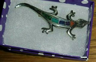 Vintage Sterling Silver Carolyn Pollack Multi Stone Inlay Lizard Gecko Pin