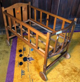 Vintage Antique Wood Baby Doll Crib Wood Wheels Floral Decal Retro Bed