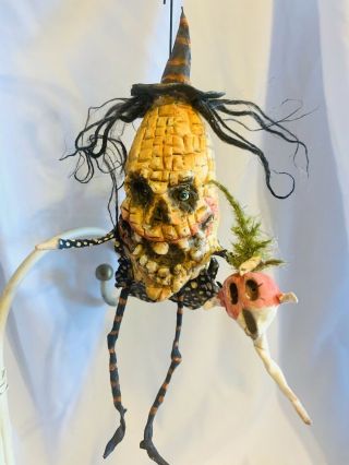 Primitive Handsculpted Papermache Creepy Vintage Witch Corn Veggie & Radish 8”