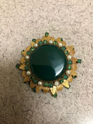 Vintage Gorgeous Green With Gold Leaves By Robert Rhinestone Brooch Pin