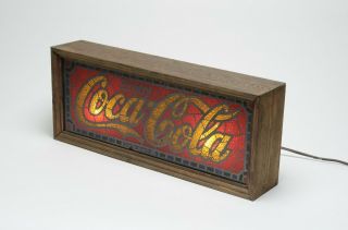 Vintage Rectangular Wooden Framed Faux Stained Glass Coca - Cola Advertising Lamp