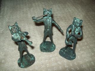 Vintage Antique Trio Of Musical Cat Statues Playing Instruments Bronze 5 1/2 "