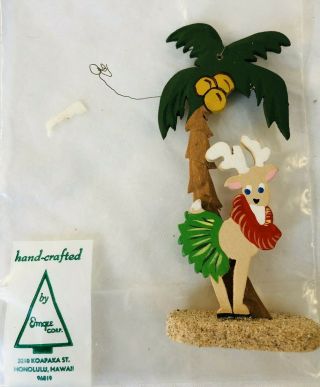 Vintage Emgee Hawaii Wooden Ornament Christmas Hula Reindeer