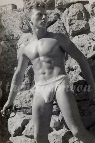 Vintage Male Nude - Handsome Blonde Muscular Figure Study In Rocks Holding Prop