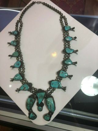 Vintage Old Antique Navajo Squash Blossom Necklace Silver Turquoise