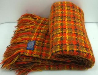 Vtg Pendleton Wool Blanket Orange Yellow Brown Plaid Fringed Virgin Wool