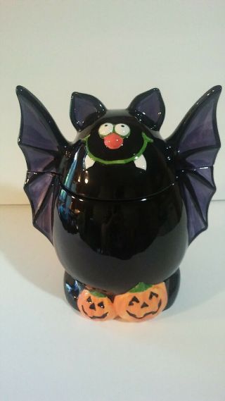Rare Vintage Bat Ceramic Halloween Cookie Jar 10 " H X 9 " W Fangs Black Purple