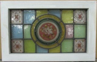 VICTORIAN ENGLISH LEADED STAINED GLASS WINDOW Hand Painted Floral 18.  5 