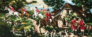 Vintage Needlepoint Gobelin English Hunting Scene Dogs Germany Finished Canvas