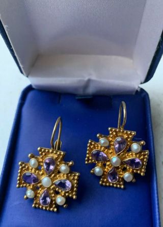 Vintage Sterling W Gold Pearl & Amethyst Maltese Cross Earrings