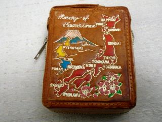 Vtg Hand Painted Leather Cigarette Case Memory Of Japan Korea & Prince Lighter