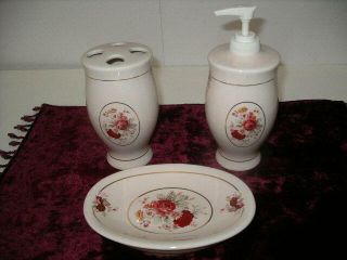 Euc 3 - Piece Waverly Vintage Rose Ceramic Bath Accessories