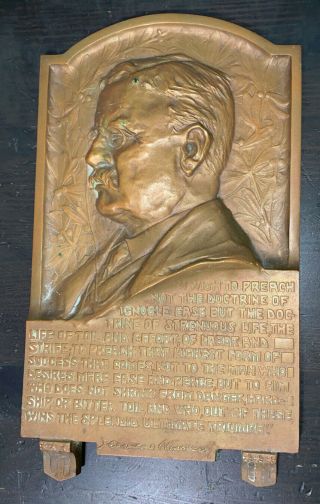 Theodore (teddy) Roosevelt Antique Bronze Bas - Relief Plaque