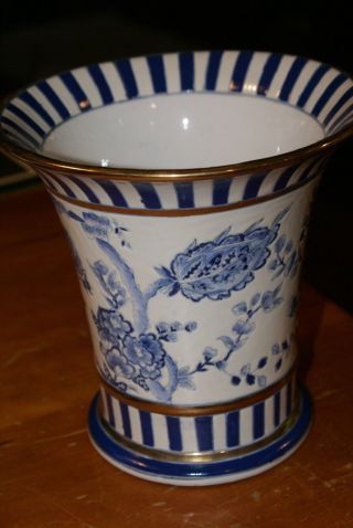 Vintage Chinese Porcelain Flower Vase Blue Floral Gold Bands 8 " H X 8 " D Gorgeous