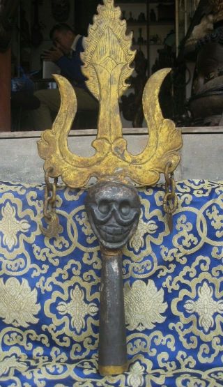 Antique Tibetan Tantrik Iron Tirsula Skull Khatvanga,  Magical Wand.  Nepal