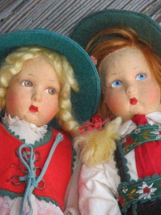 Matched Vintage Pair 13 " Lenci Type Felt Dolls,  All Alpine Costume