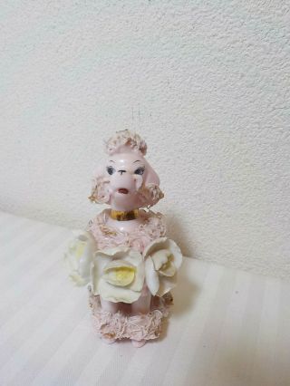 Vintage Pink Spaghetti Trim Poodle Dog With 3 Large Flowers