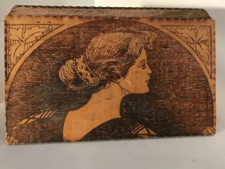Vintage Wooden Cigar Trinket Glove Box W/woman 