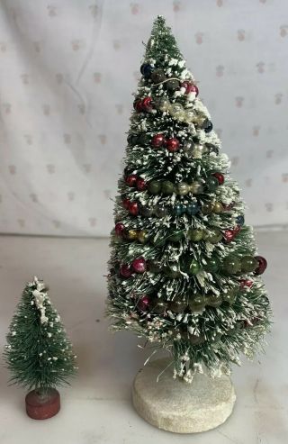 Vintage 8 Inch Tall Decorated With Beads & Snow Bottle Brush Christmas Tree