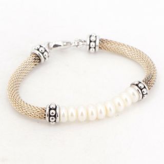 Vtg Sterling Silver - Pearl Bead Strand 6 " Woven Mesh Chain Bracelet - 18g