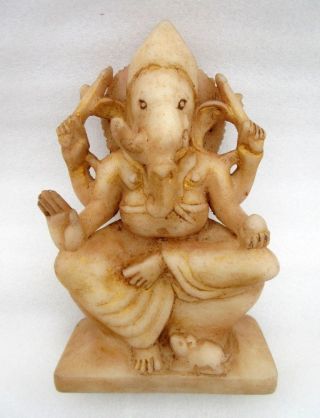 Antique Old White Marble Stone Hand Carved Hindu God Ganesha Sculpture Statue