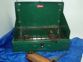 Coleman 413e Two Burner Stove,  Copper Colored Tank With Towel Rack.
