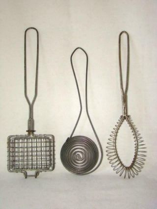 3 Antique/vintage Metal Kitchen Tools,  Egg Beater,  Whipper & Soap Saver Basket
