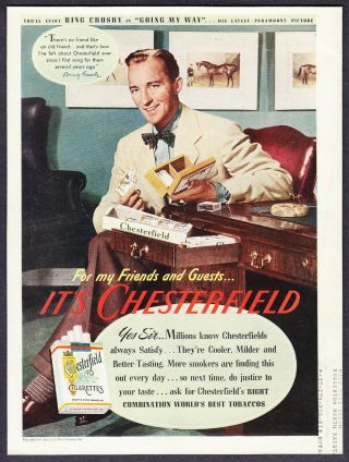 1944 Actor Singer Bing Crosby Photo Chesterfield Cigarettes Vintage Print Ad