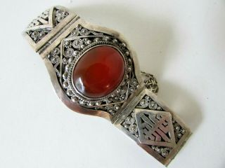 Antique Chinese Sterling Silver Agate Filigree Cuff Hinged Bangle Bracelet 49 Gr