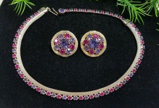 Vintage Weiss Signed Rhinestone Necklace & Earrings Set Pink Purple Golden Mesh