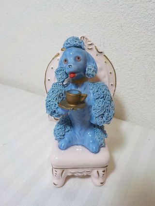 Vintage Blue Spaghetti Trim Poodle Dog Sitting On A Pink Chair With Cup Of Tea