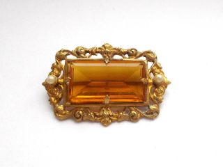 Vintage Art Deco Czech Amber Glass Crystal Gold Tone Pearl Brooch Czechoslovakia