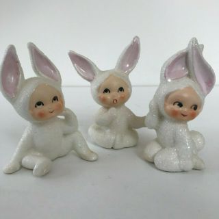 Vintage Lefton Snow Baby Bunnies Japan Mica Sugar Porcelain Figurines Set Of 3