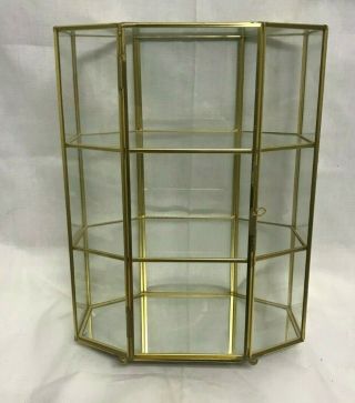 Brass Glass Mirror Base Curio Cabinet Trinket Display Octagon Table Top Shelf