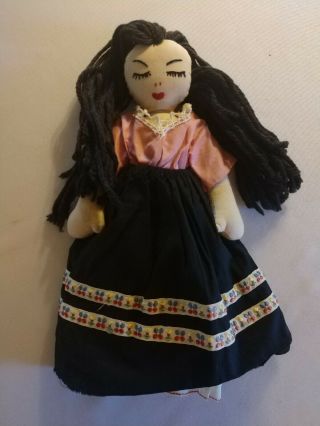 12 " Vintage Handmade Cloth Rag Doll Embroidered Face Yarn Hair Folk Art Clothes