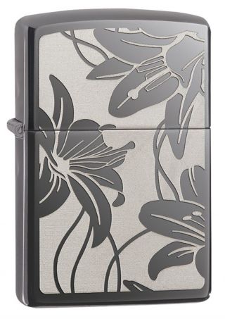 Zippo Windproof Black Ice Lighter With The Lily Flower,  29426,