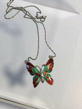 Vtg Siam Sterling Silver Green & Red Gullioche Enamel Butterfly Pendant Necklace