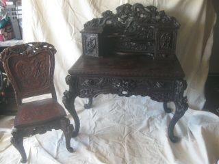 Antique Chinese Carved Dragon Phoenix Desk & Chair Rosewood 19th Century