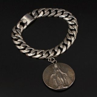 Vtg Sterling Silver - Mexico Mm Virgin Mary Charm 7.  5 " Cuban Link Bracelet - 58g