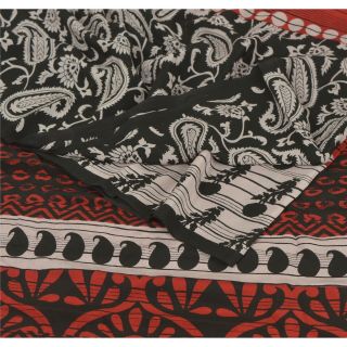 Sanskriti Vintage Black Saree Pure Crepe Silk Printed Sari Soft 5yd Craft Fabric