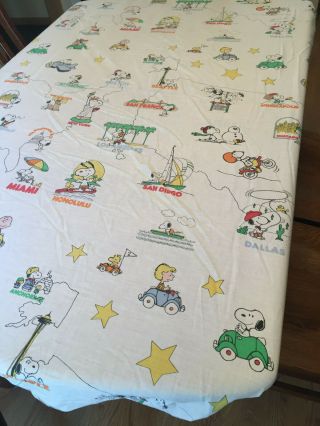 Vtg.  Peanuts Snoopy " See America First " Fitted Twin Sheet & Pillowcase Set