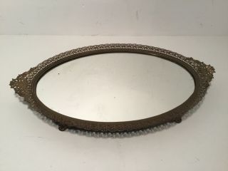 Vintage Dresser Mirror,  Oval,  Gold,  Perfume Or Shaving Tray,  Footed
