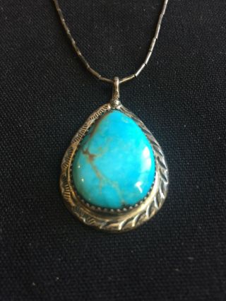 Antique Sterling Silver Turquoise Pendant Necklace Teardrop Signed Sr Vintage