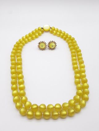 Vintage Moon Glow Double Strand Necklace Earrings Set Yellow Lucite Signed Japan